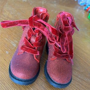 Glittery Red Velvet Lace-Up Boots